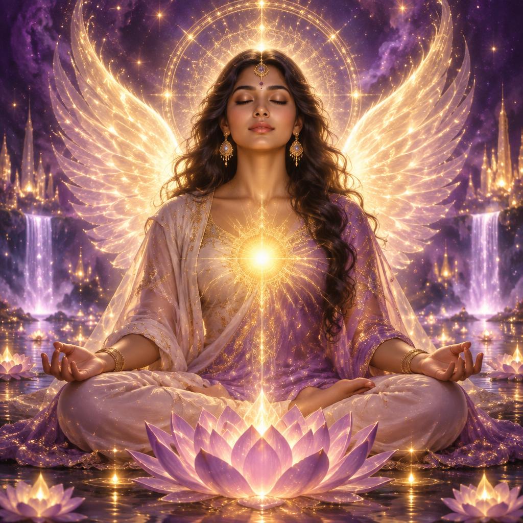 A woman in meditation with a golden light igniting at her heart