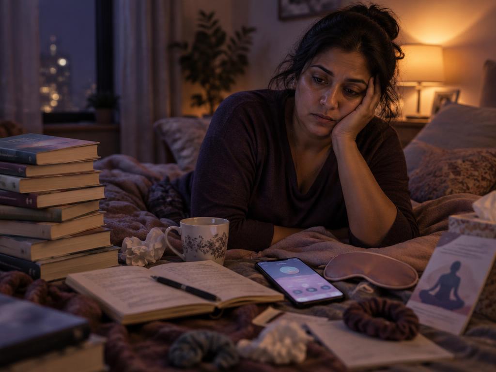 A woman surrounded by books, apps and journals that did not create lasting change